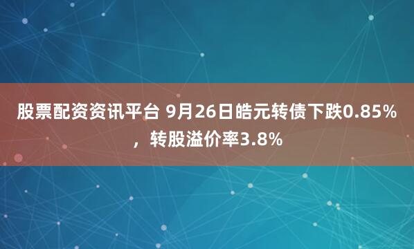 股票配资资讯平台 9月26日皓元转债下跌0.85%，转股溢价率3.8%